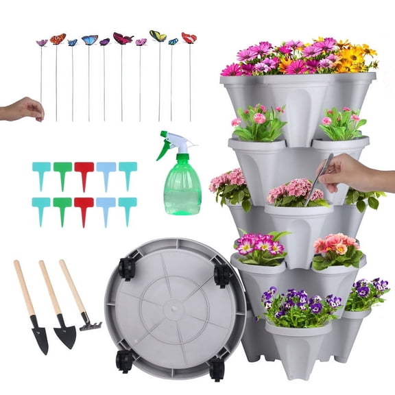 DUNCHATY 5-Tier Starter Plant Tower 1-Pack with Tool Set, Beginner-Friendly Stackable Garden Kit - Adjustable Height Planters, Grow Mint, Cherry Tomatoes on Decks/Porch (Agreeable Gray)