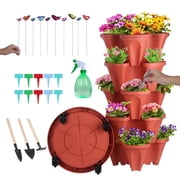 DUNCHATY 1 Pack 5-Tier Stackable Vertical Planter Tower with Removable Wheels & Tools   Space-Saving Indoor/Outdoor Garden Pots for Strawberries, Herbs, Flowers & Vegetables Red