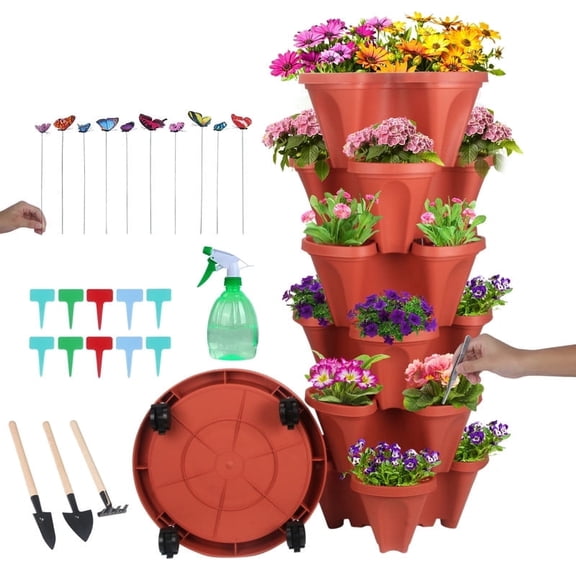 DUNCHATY 1 Pack 6-Tier Stackable Vertical Planter Tower with Removable Wheels & Tools – Space-Saving Indoor/Outdoor Garden Pots for Strawberries, Herbs, Flowers & Vegetables (Red)