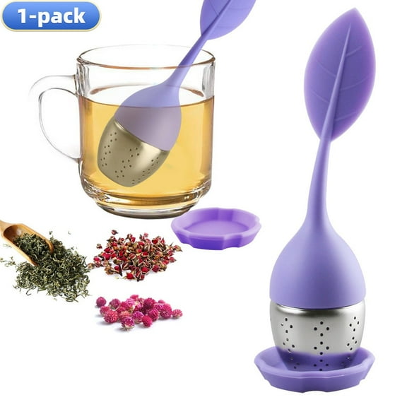 DUNCHATY 1-Pack Premium Silicone Tea Infusers Set – Fine Mesh Strainers with Stainless Steel Filter Balls, Tea Steeper For Loose Tea, Drip Trays & Flower Designs for Loose Leaf/Herbal Tea, Purple
