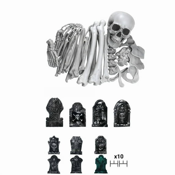 DUNCHATY 10-Pack Foam Tombstones & 35 Skeleton Bones Bundle, Complete Haunted Garden Setup - Halloween Night Decor