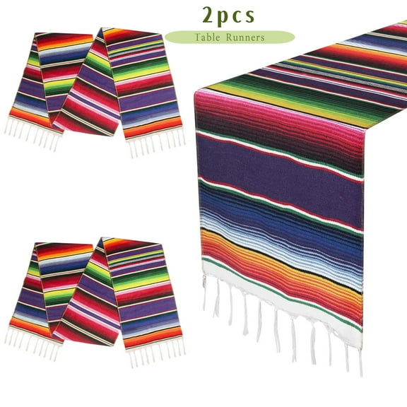 DUNCHATY 14" x 108" 2 Pcs Mexican Table Runner for Cinco de Mayo Decorations, Hand Woven Mexican Blanket Table Runner Fiesta Party Supplies, Fringe Cotton Serape Table Runner for Mexican Party Decor