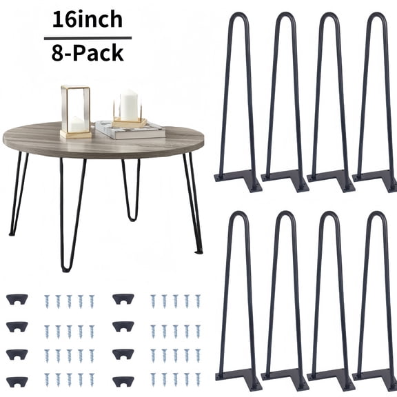 DUNCHATY 16" Hairpin Furniture Legs, Metal Heavy Duty Sturdy Home DIY Projects for Nightstand, Coffee Table, Desk, etc with Rubber Floor Protectors Black 8 PCS