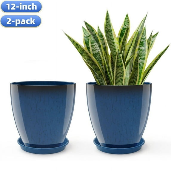 DUNCHATY 2-Pack 12" Round Heavy Duty Planters with Drainage Holes & Saucer, Indoor/Outdoor Flower Pots for Patio, Balcony, Garden (Navy Blue)