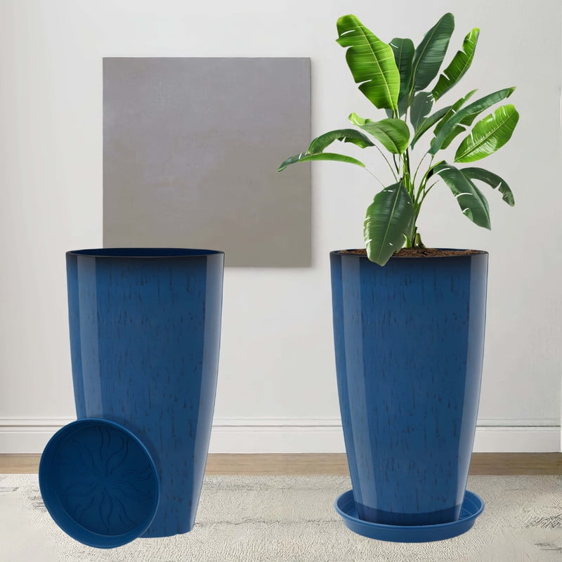 DUNCHATY 2 Pack 21 Inch Large Round Plant Pots with Tray - Heavy Duty Indoor/Outdoor Planter, Fade Resistant & Stable for Citrus Trees, Potted Plants (Navy Blue)