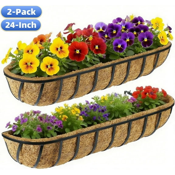 DUNCHATY 2-Pack 24" Heavy-Duty Railing Planters, Stackable Window Box with Brackets & Coco Fiber Liners for Deck/Balcony Rail Decor