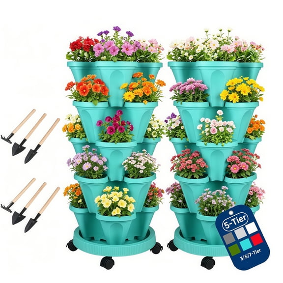 DUNCHATY 2 Pack 5-Tier Vertical Garden Tower, Root-Safe Stackable Planters with Wheels & 3 Tools, for Herb, Vegetable & Strawberry Pot - Teal