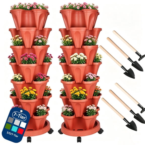 DUNCHATY 2 Pack 7-Tier Stackable Vertical Planter, Soil Board Garden Tower, Wheels & Tools, for Strawberries, Herbs & Vegetables, Indoor and Outdoor - Red