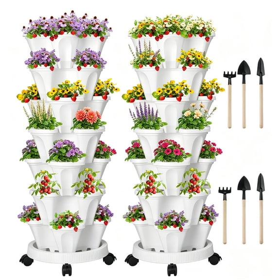 DUNCHATY 2-Pack 7-Tier Vertical Planter Tower with Wheels & 3 Garden Tools, Large Capacity Raised Garden Bed, Multi-Level Grow System for Sunroom, Backyard, Greenhouse (White)