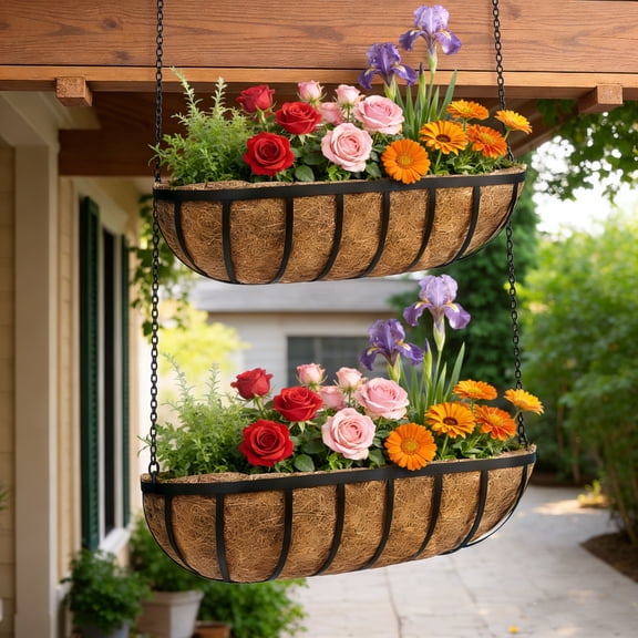 DUNCHATY 2 Pack Classic Brown 24" Outdoor Railing Planters for Flowers with Natural Coir Liners, Rustproof Metal Window Boxes with Mounting Brackets for Patio, Porch, Fence & Garden Decor