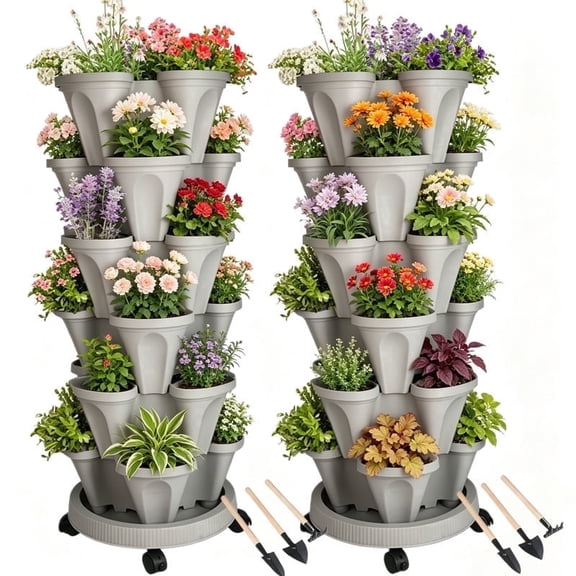 DUNCHATY 2-Pack Gray 5-Tier Vertical Garden Tower with Wheels, Stackable Herb Vegetable Strawberry Planter, 3 Tools