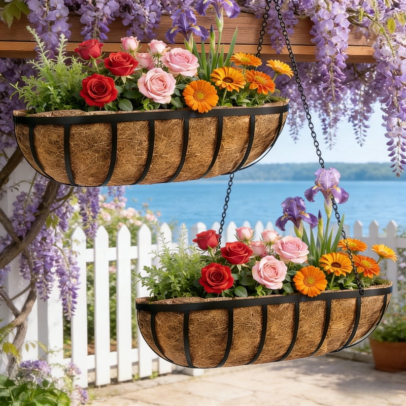 DUNCHATY 2 Pack Rustproof Metal Hanging Flower Planters for Railings, 24 Inch Window Boxes with Coco Liner