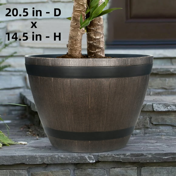 DUNCHATY 21" x 15" Brown Resin Whiskey Barrel Planter Indoor Outdoor Garden Decor Large Flower Pot