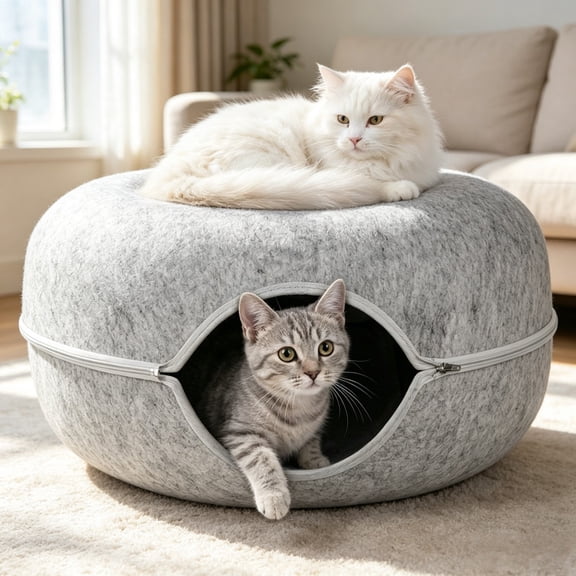 DUNCHATY 24" Cat Tunnel Bed – Felt Anti-Scratch Cat Cave Bed - Roomy Non-Collapsing Cat Hideaway & Peekaboo Toy, Gray