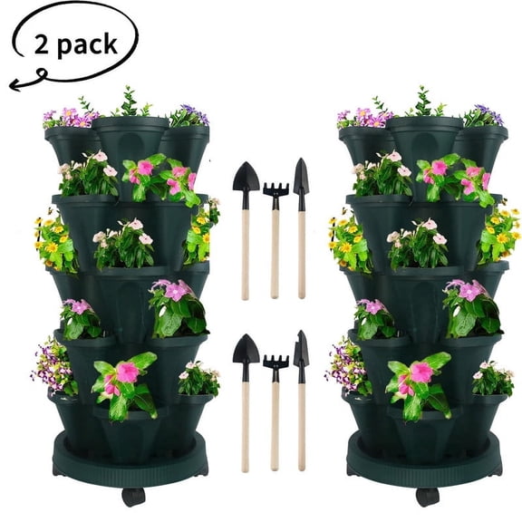 DUNCHATY 2PC 5-Tier Stackable Vertical Garden Planter for Strawberries, Herbs & Vegetables - Indoor/Outdoor Space-Saving Design, Self-Watering System, Balconies, Small Gardens, Green