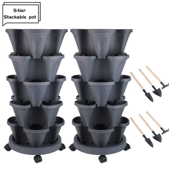 DUNCHATY 5-Tier Maxi Harvest Tower (2-Pack) - Self-Watering Vertical Garden for Abundant Veggies & Herbs - Balcony Space Optimizer, Dark Gray