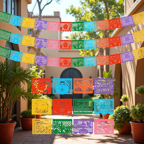 DUNCHATY 3 PCS Colorful Mexican Papel Picado Banners - 22ft Plastic Fiesta Streamer for Cinco de Mayo Decorations, Coco Movie Theme Party, Wedding, Quinceanera & Hispanic Heritage Events