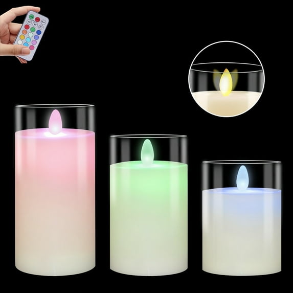 DUNCHATY 3-Pack Multicolor Flameless LED Candles, Remote Control & Timer, Glass Encased for Holiday Tables, Party, and Dining Decor