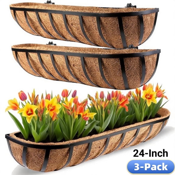 DUNCHATY 3-Pcs Galvanized Steel Railing Planter Set, 24" Window Box with Drainage Holes & Coco Liners - Rail-Mounted for Porch & Fence