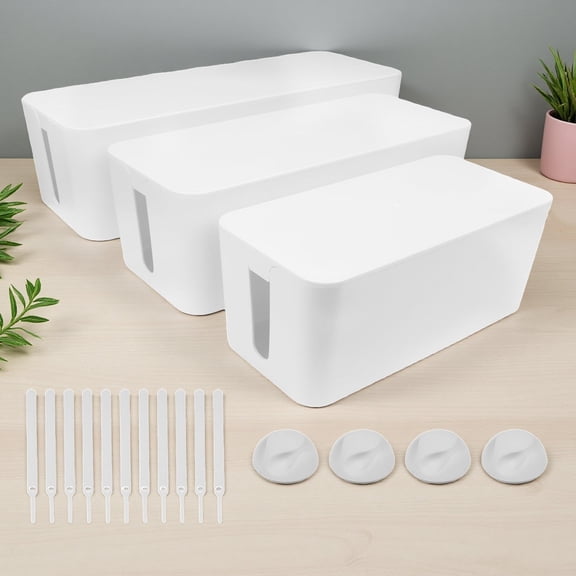 DUNCHATY Cable Management Box Set 3 Sizes - Cord Hider for Power Strip, Child-Safe Locking Lid, ABS, 10 Cable Ties & 4 Clips, White
