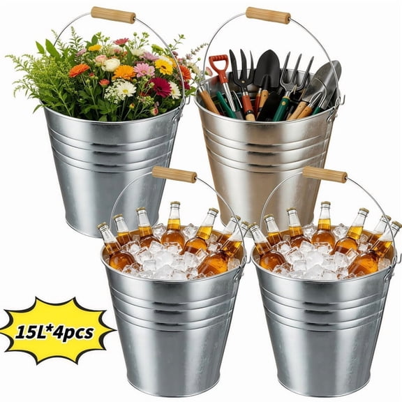 DUNCHATY 4-Pack 4 Gal Galvanized Steel Party Bucket, Rust-Resistant Ice Bucket for Beer, Drinks & Beverages – Perfect for Outdoor Events, Home Bar, or Plant Display, Durable Utility Pail with Handle