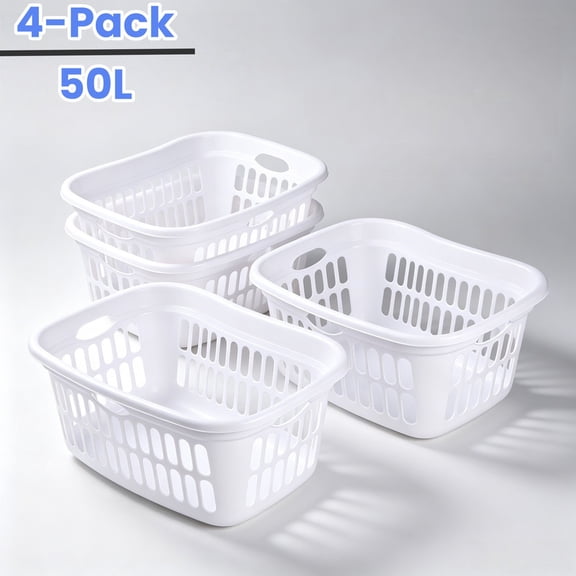DUNCHATY 4-Pack 50L Large Laundry Basket – Stackable Plastic Hamper with Vented Holes, Extra 13.2Gal Capacity, Comfort Grip Handles for Bathroom, Bedroom, Laundry Room, Dorm, White