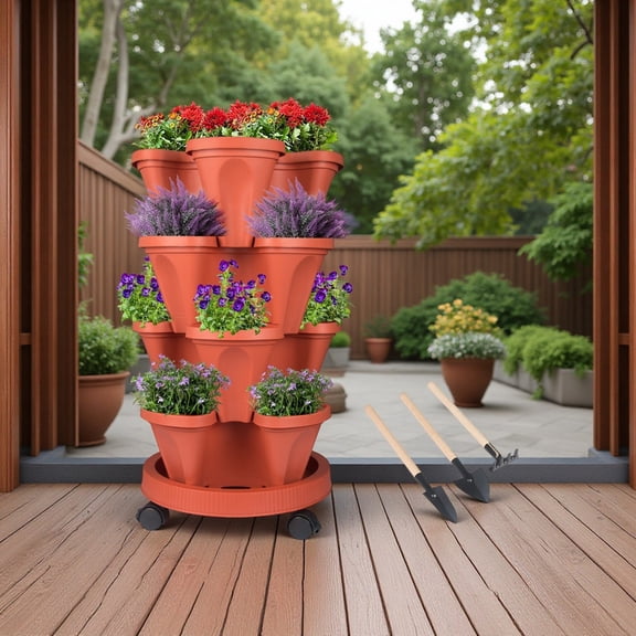 DUNCHATY 4-Tier Patio Planter Boxes, Stacking Garden Tower, Heavy Duty Weather-Resistant Plastic Pots for Flowers and Vegetables (Red)