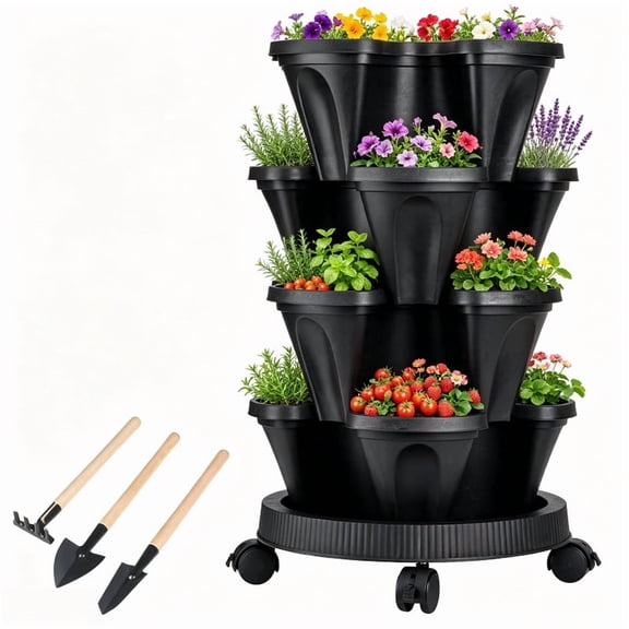 DUNCHATY 4-Tier Stackable Planter Stand, Space-Saving Flower Tower with Wheels & Garden Tools, Raised Bed for Balcony Deck (Black)