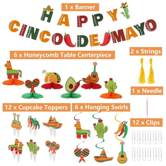 DUNCHATY 43 PCS Cinco de Mayo Fiesta Party Decorations, Mexican Themed Party Supplies with Banner, Hanging Swirls, Honeycombs & Cupcake Toppers, Party favors, Spring Summer Home Decor