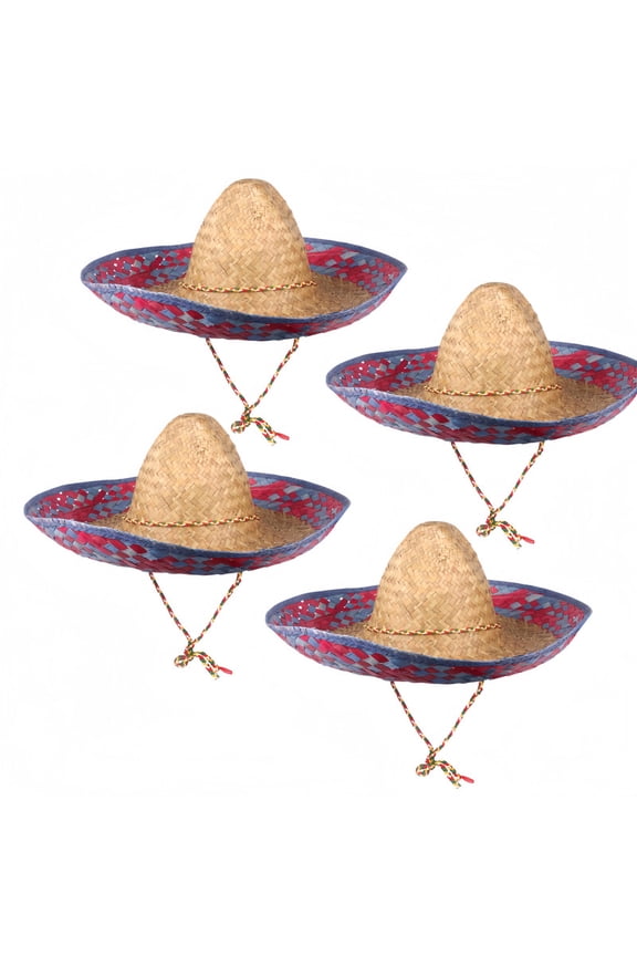 4Pcs Mexican Sombrero Hat 18 Inch Wide Brim Straw Sun Hat for Adults, Adjustable Chin Strap Outdoor Beach & Garden Headwear, Colorful Cinco de Mayo Spanish Fiesta Party Supplies