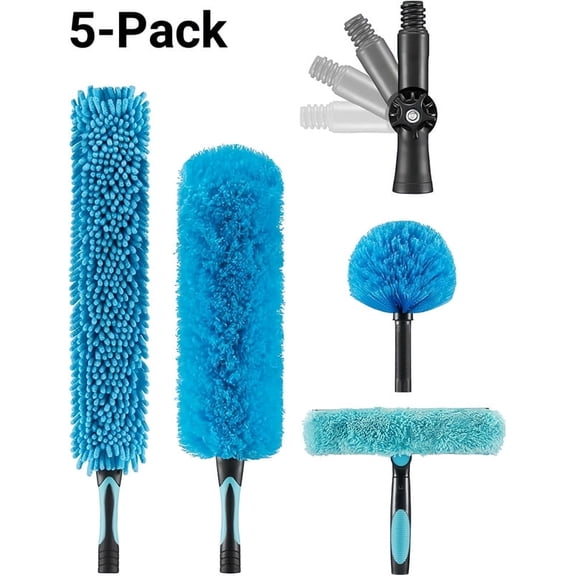 DUNCHATY 5-Pack Reusable Cleaning Duster Kit - Cobweb Remover, Feather Duster, Window Squeegee & Scraper for High Reach - Blue Home & Office Supplies