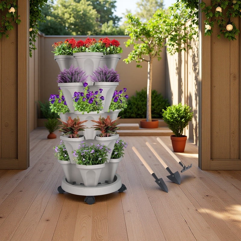 DUNCHATY 5 Tier Stackable Growing System for Strawberries and Herbs, High-Capacity Vertical Planter Tower, Outdoor Raised Garden Bed Alternative with Drainage Holes (Agreeable Gray)