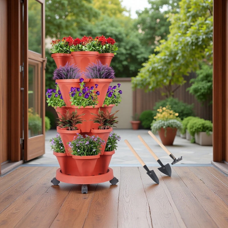 DUNCHATY 5 Tier Stackable Growing System for Strawberries and Herbs, High-Capacity Vertical Planter Tower, Outdoor Raised Garden Bed Alternative with Drainage Holes (Red)