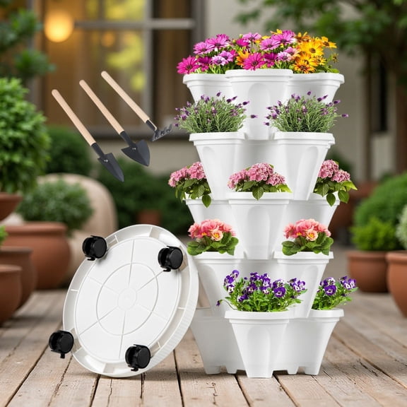 DUNCHATY 5-Tier Stackable Vertical Planter Tower, High-Capacity Growing System for Strawberries & Herbs, Outdoor Raised Garden Bed Alternative with Drainage Holes, White