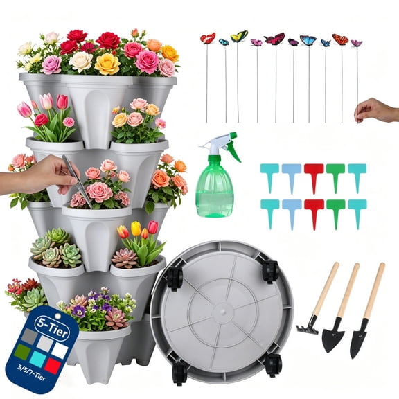 DUNCHATY 5-Tier Vertical Garden Tower with 25pcs Garden Tools, Root-Safe Stackable Planters with Wheels & Tools, for Herb, Vegetable & Strawberry Pot - Agreeable Gray