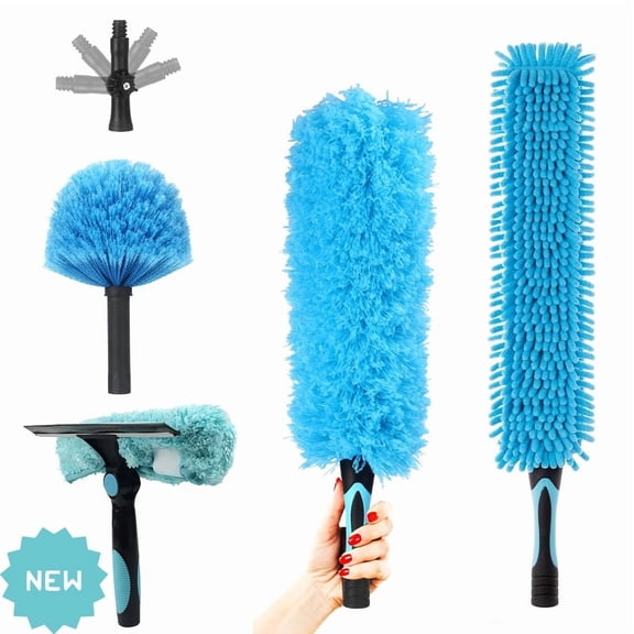 DUNCHATY 5‑in‑1 Extendable Cleaning Kit – Ceiling Duster, Fan Brush, Cobweb Sweeper, Microfiber Mop & Squeegee, Washable, No Ladder Required