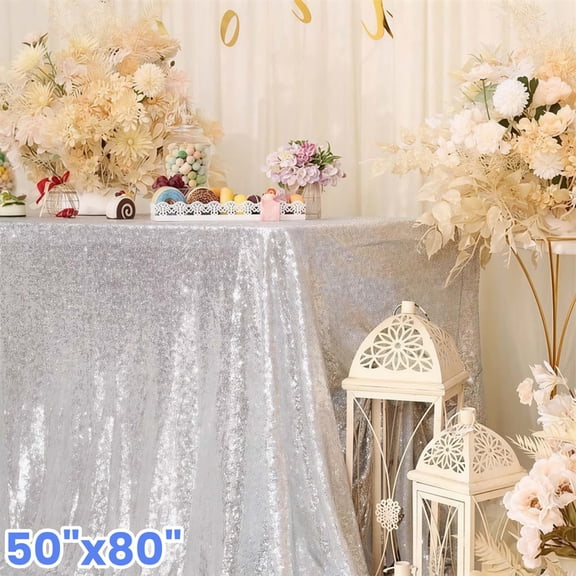 DUNCHATY 50x80in Sequin Tablecloth, Tablelcoth Sparkly Tablecloth for Christmas Birthday Party Graduation Decor, Silver