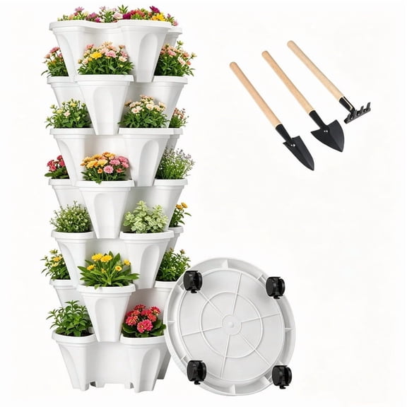 DUNCHATY 7-Tier Vertical Planter Tower with Wheels & 3 Garden Tools, Large Capacity Raised Garden Bed, Multi-Level Grow System for Sunroom, Backyard, Greenhouse – Strawberry, Vegetable & Herb (White)