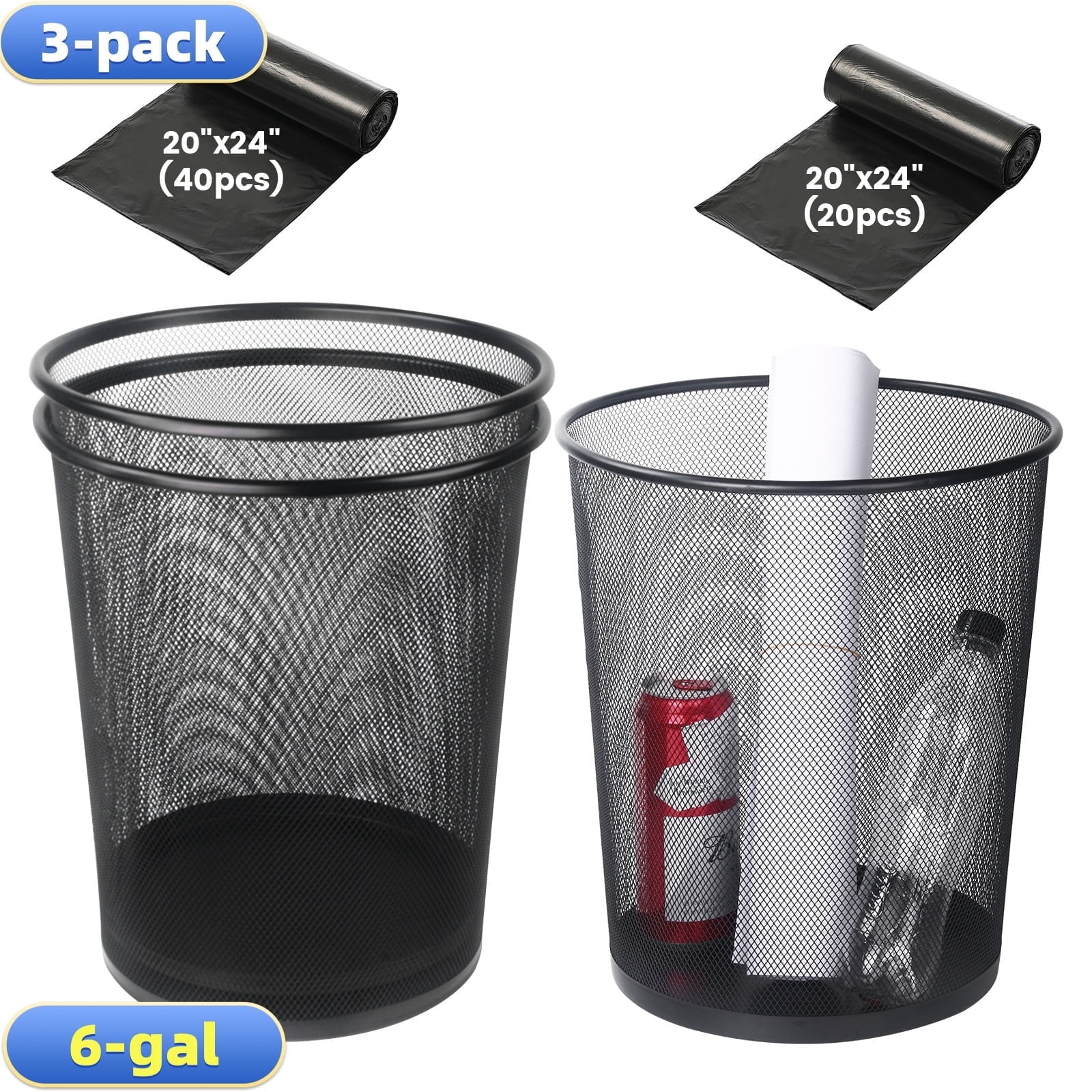 DUNCHATY Bathroom Mesh Metal Trash Can, 3 Pack 6 Gallons Small Trash Can with Trash Bags, Bathroom Garbage Can, Metal Trash Bin, Round Waste Basket for Living Room, Bedroom, Office, Kitchen