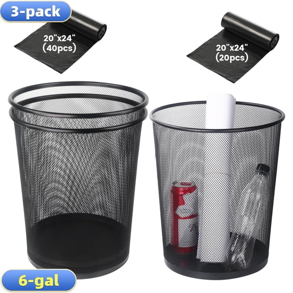 DUNCHATY Bathroom Mesh Metal Trash Can, 3 Pack 6 Gallons Small Trash Can with Trash Bags, Bathroom Garbage Can, Metal Trash Bin, Round Waste Basket for Living Room, Bedroom, Office, Kitchen