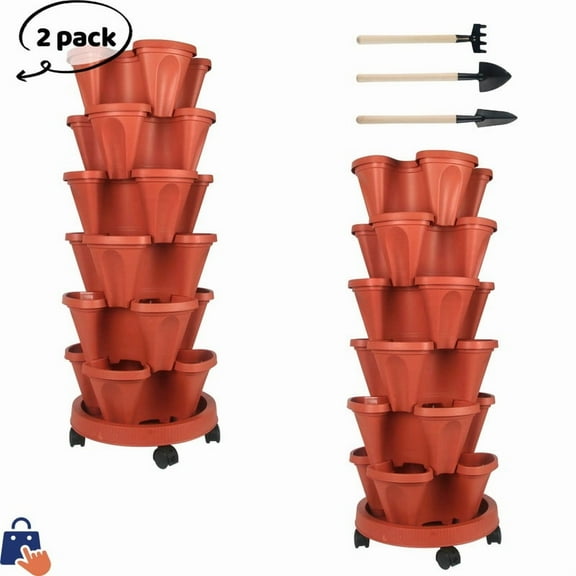 DUNCHATY Double Harvest Strawberry Tower (6-Tier, 2-Pack) - Space-Saving Vertical Planter for Balconies, Red