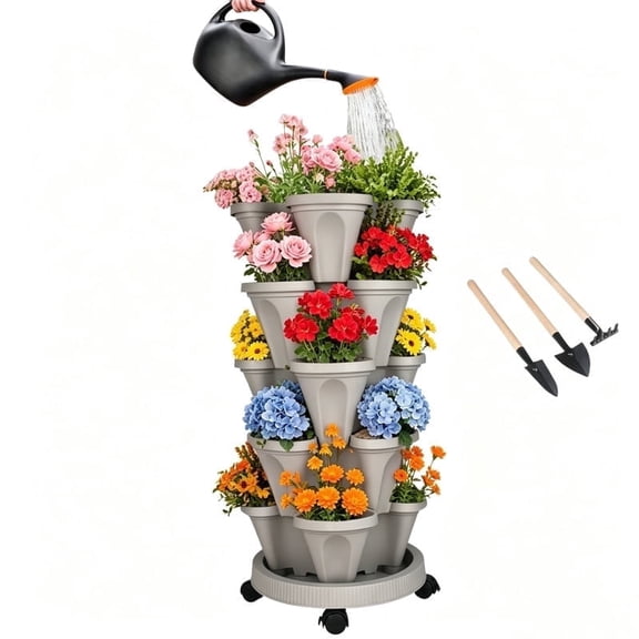 DUNCHATY Gray 5-Tier Vertical Garden Tower with Wheels, Stackable Herb Vegetable Strawberry Planter, 3 Tools