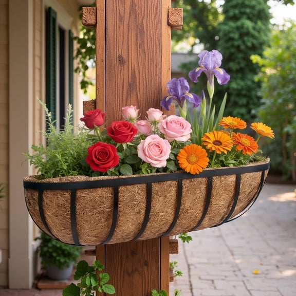 DUNCHATY Heavy Duty 24 Inch Metal Window Box Railing Planter with Coco Liner and Adjustable Brackets, Rustproof Outdoor Hanging Flower Planters for Porch, Deck, Fence & Balcony Decor