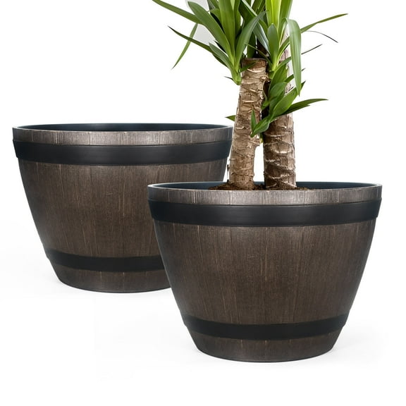 DUNCHATY Home Garden Indoor/Outdoor 21" Round Whiskey Resin Flower Pot Barrel Planter, Brown, 2 Pack