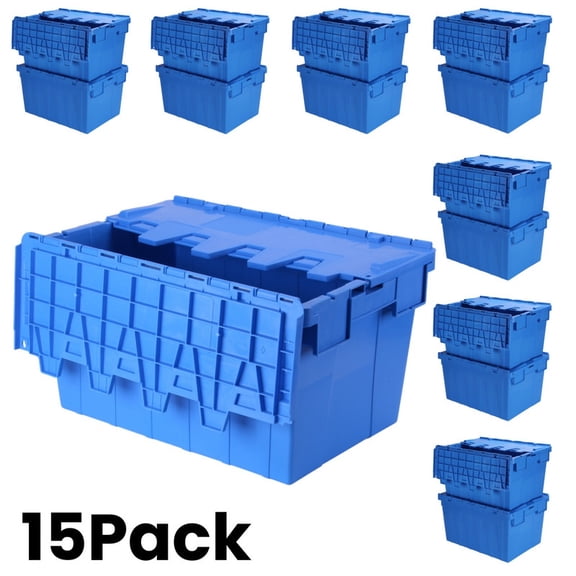 DUNCHATY Industrial Storage Bin 16 Gallon 15-Pack, Heavy Duty Logistics Box with Reinforced Walls & Secure Lid, Stackable Turnover Container for Garage Warehouse Camping, Blue