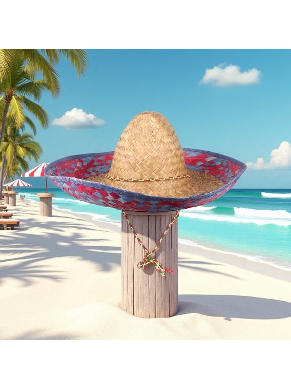 Mexican Sombrero Hat 18 Inch Wide Brim Straw Sun Hat for Adults, Adjustable Chin Strap Outdoor Beach & Garden Headwear, Colorful Cinco de Mayo Spanish Fiesta Party Supplies