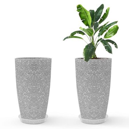 DUNCHATY Modern 21-Inch Tall Round Planter, Tapered Planter for Indoor & Outdoor Patio Decor 2 Pack - Gray