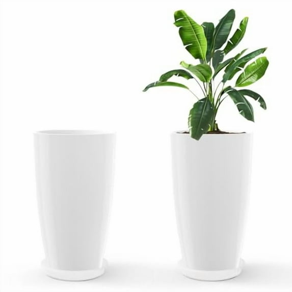DUNCHATY Modern 21-Inch Tall Round Planter, Tapered Planter for Indoor & Outdoor Patio Decor 2 Pack - White