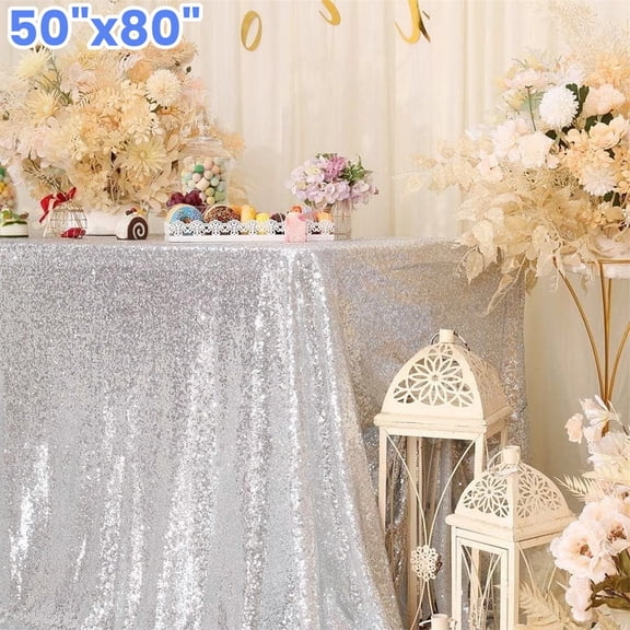 DUNCHATY Silver Sequin Tablecloth 50"x80" – Rectangular Glitter Cover for Party, Cake Dessert Table, Exhibition & Events
