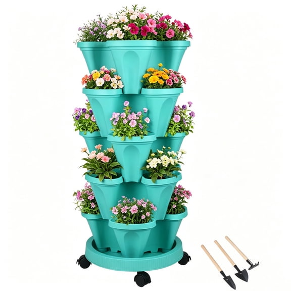 DUNCHATY Stackable Vertical Planter Tower, 5-Tier Teal Mobile Herb & Vegetable Garden with Wheels & Planting Tools
